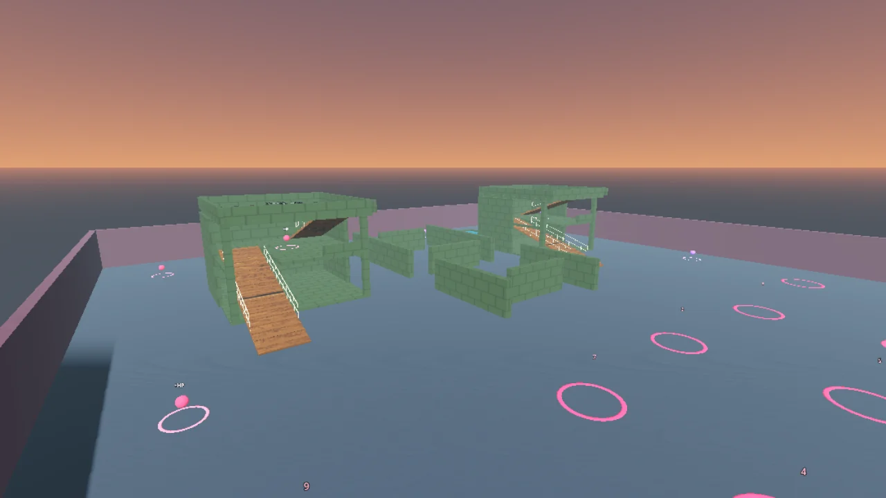Multiplayer battle arena with open stairs and rooftops